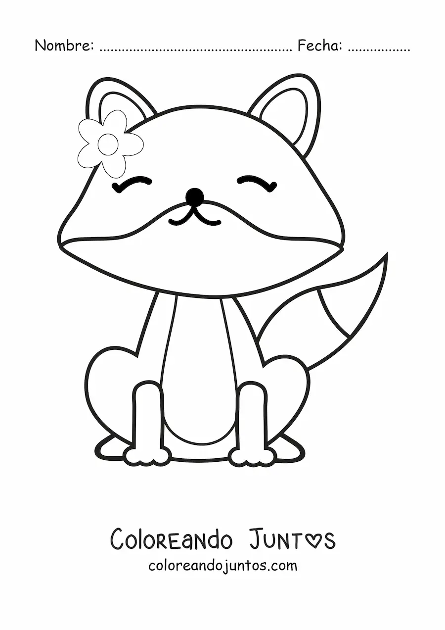 Imagen para colorear de zorro kawaii sentado con flor