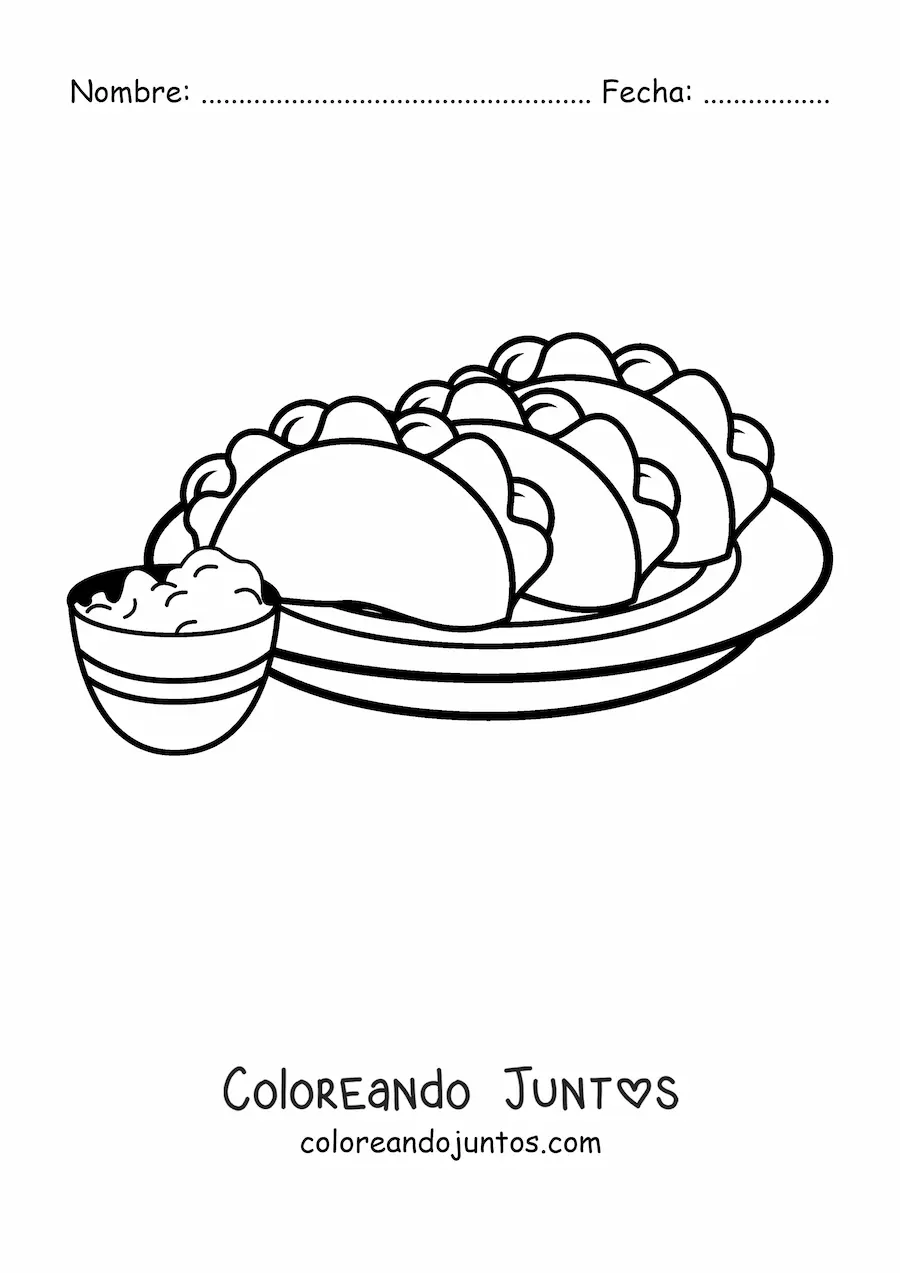 Imagen para colorear de un plato de tacos con guacamole