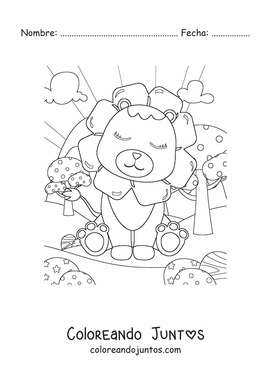 Imagen para colorear de león tierno sentado en paisaje natural