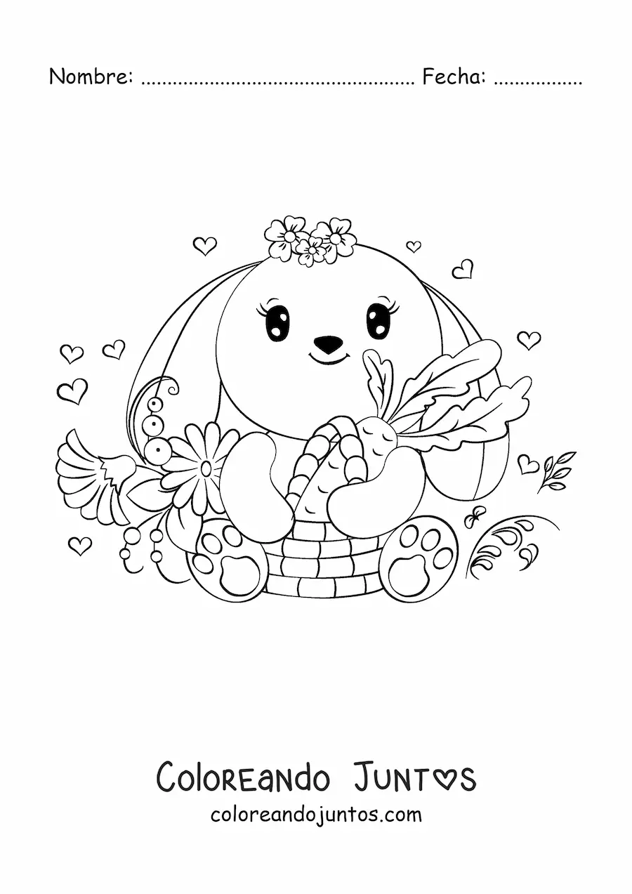 Imagen para colorear de conejo kawaii con zanahoria y flores