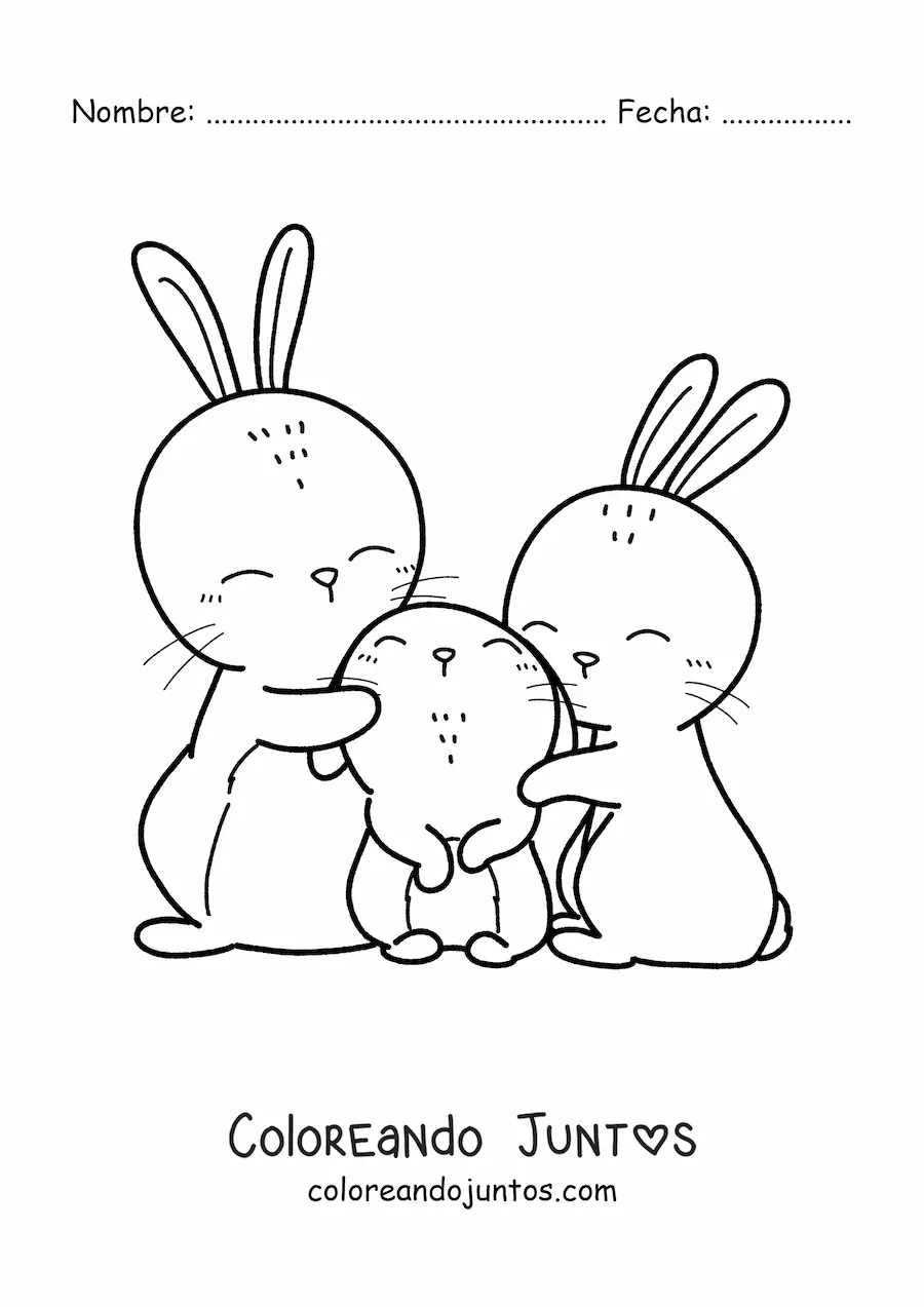 Imagen para colorear de familia de conejos abrazados