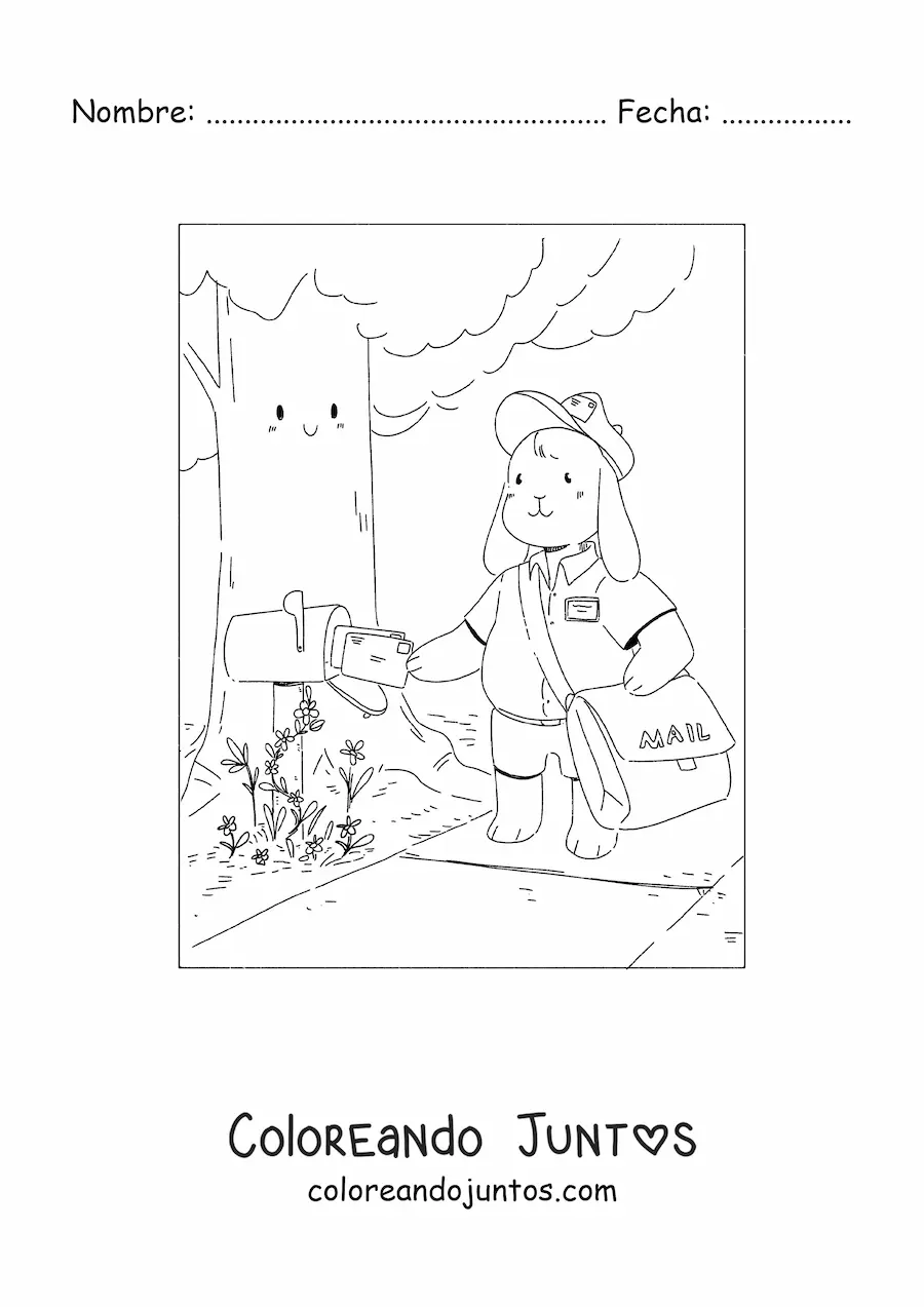 Imagen para colorear de conejo animado trabajando de cartero
