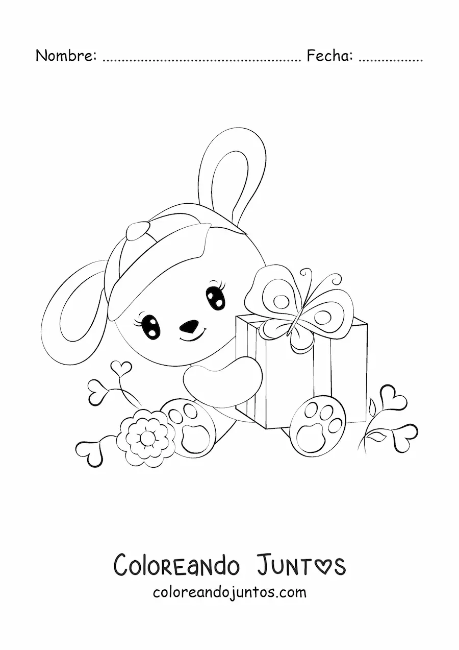 Imagen para colorear de conejo kawaii con regalo
