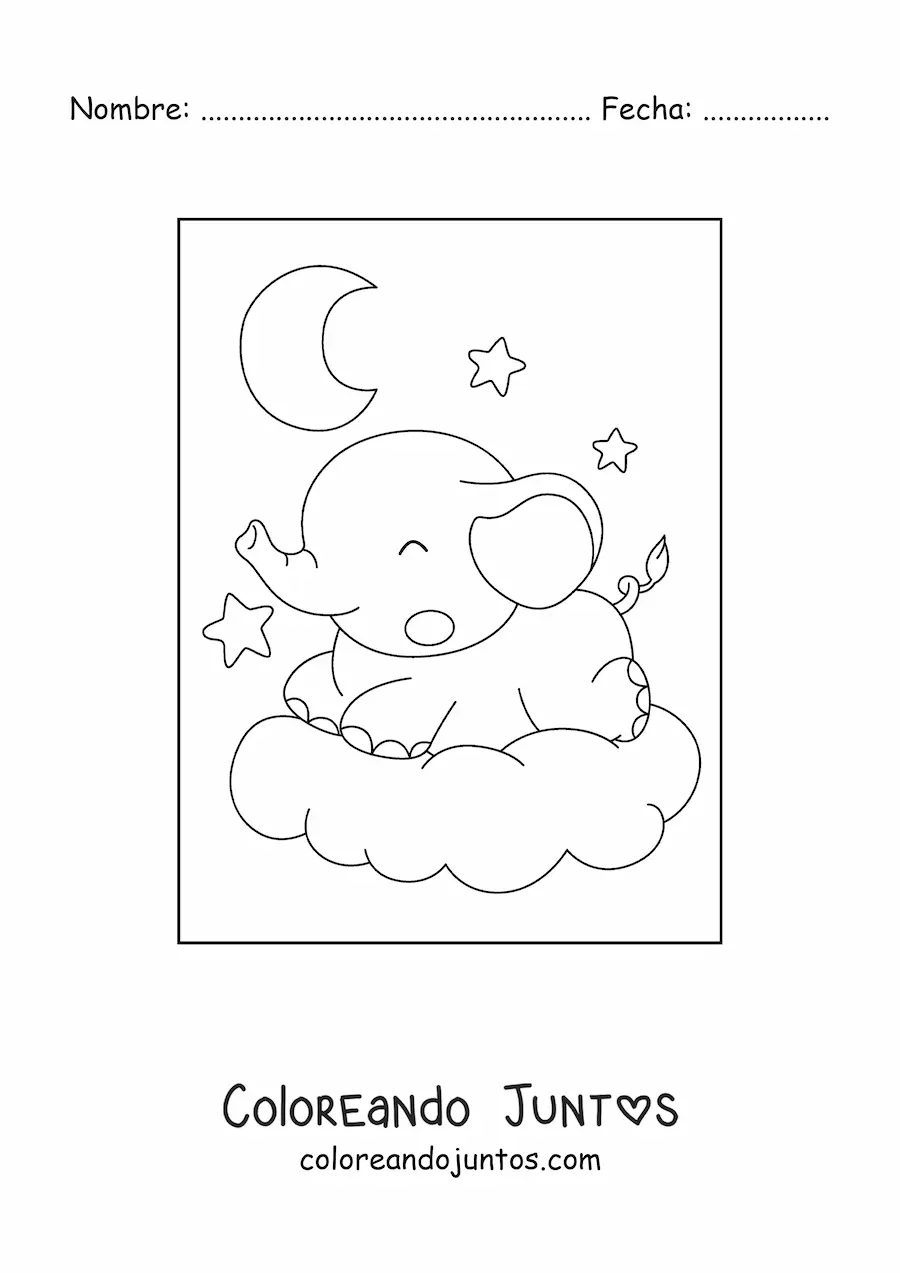 Imagen para colorear de elefante bebé kawaii durmiendo