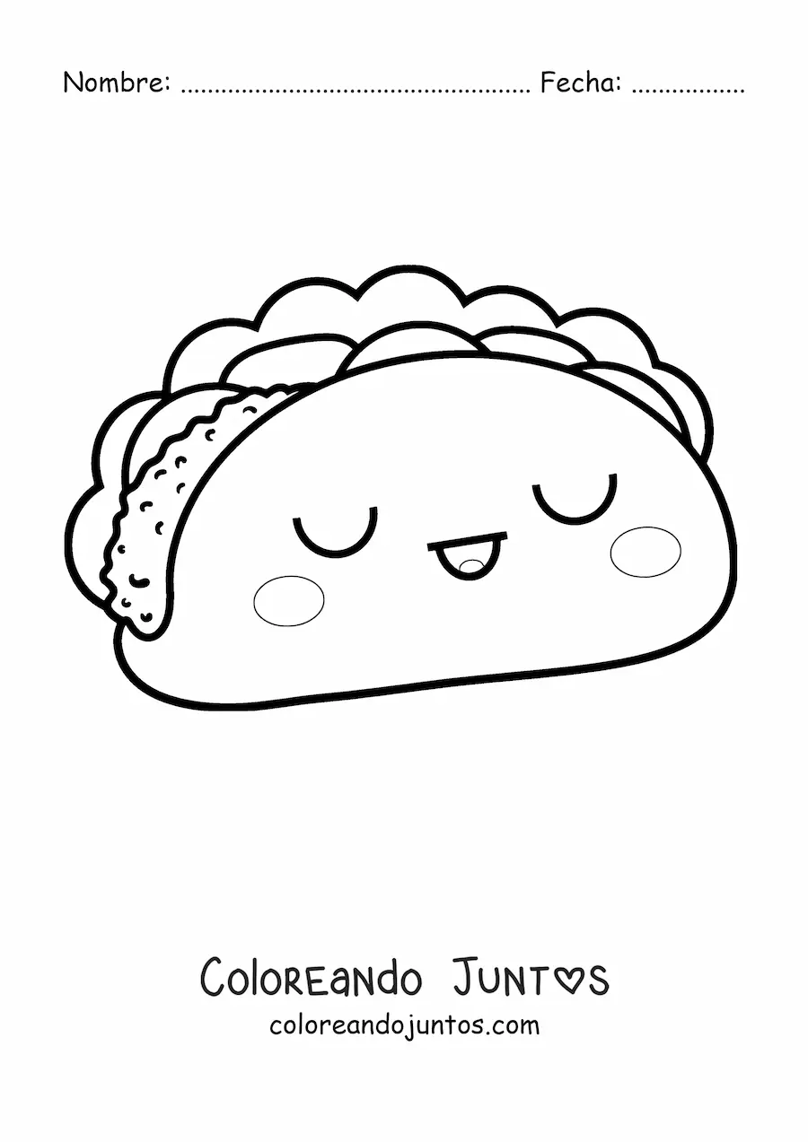 Imagen para colorear de un taco kawaii con los ojos cerrados