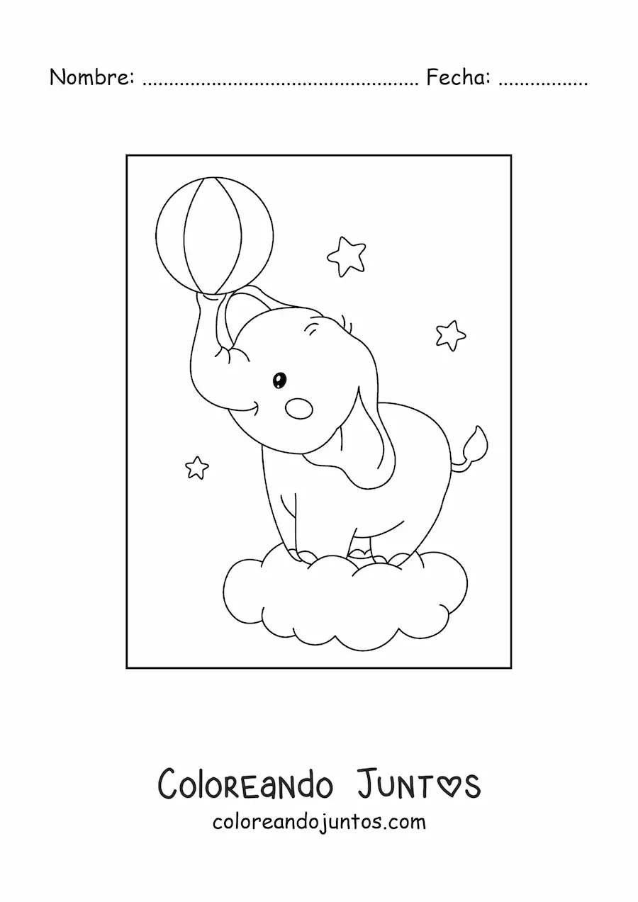Imagen para colorear de elefante bebé kawaii jugando con pelota