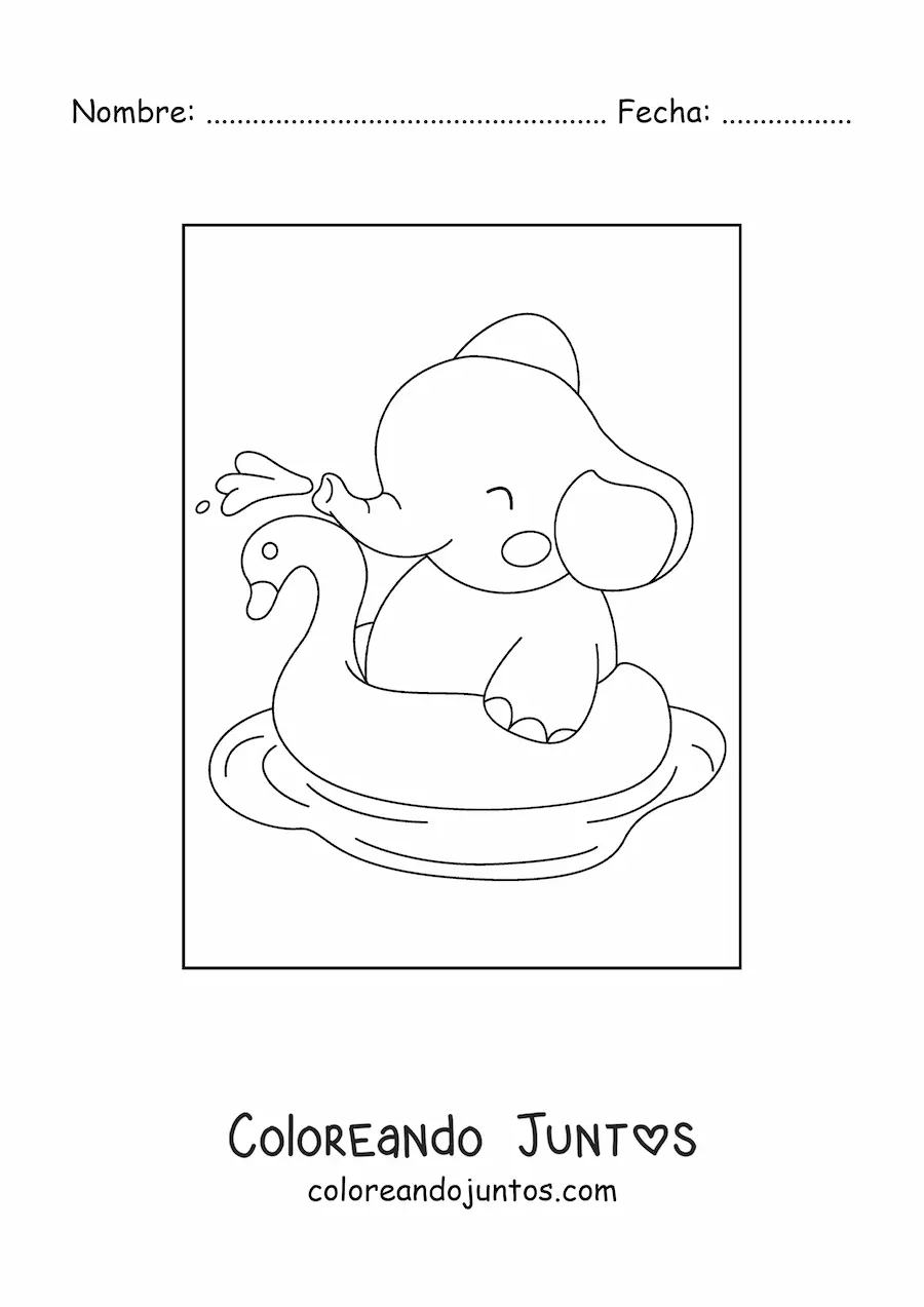 Imagen para colorear de elefante bebé kawaii en el agua
