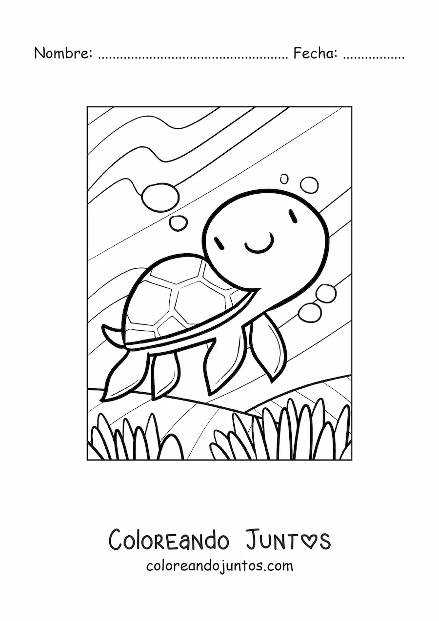 Imagen para colorear de tortuga marina kawaii en el mar