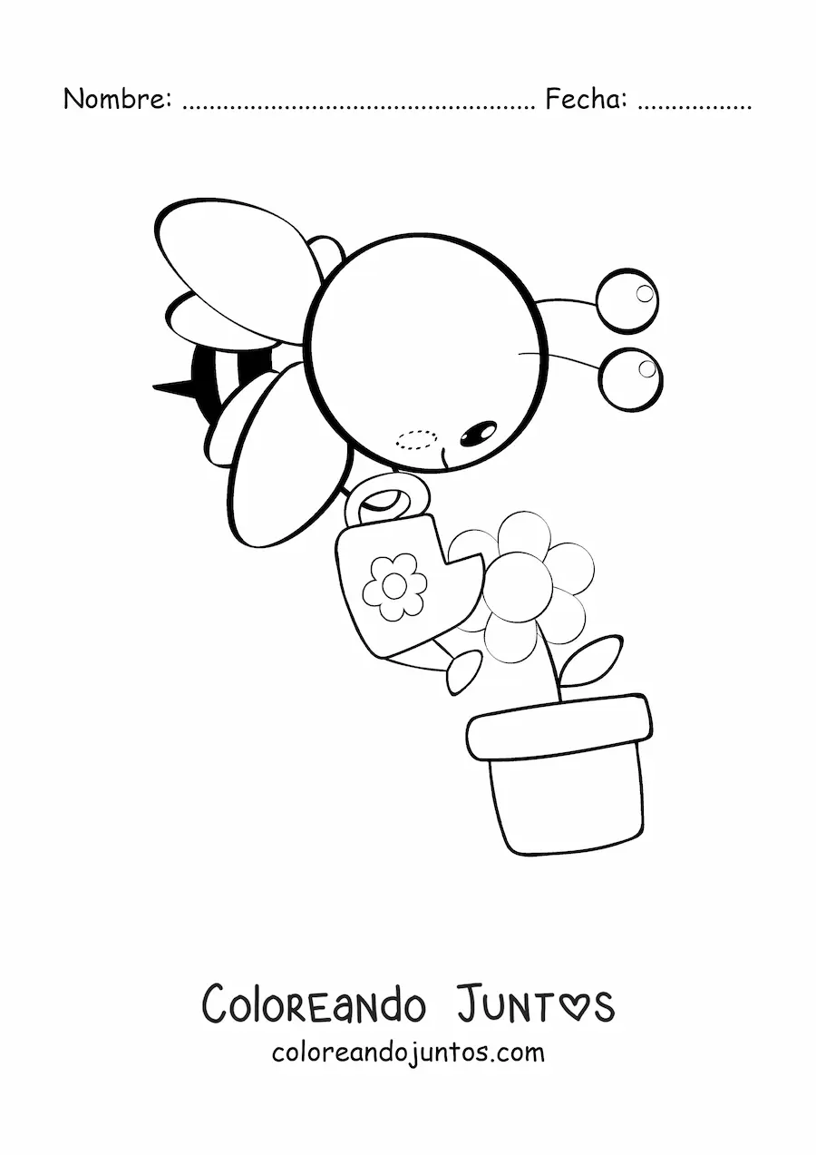 Imagen para colorear de abeja kawaii regando una flor