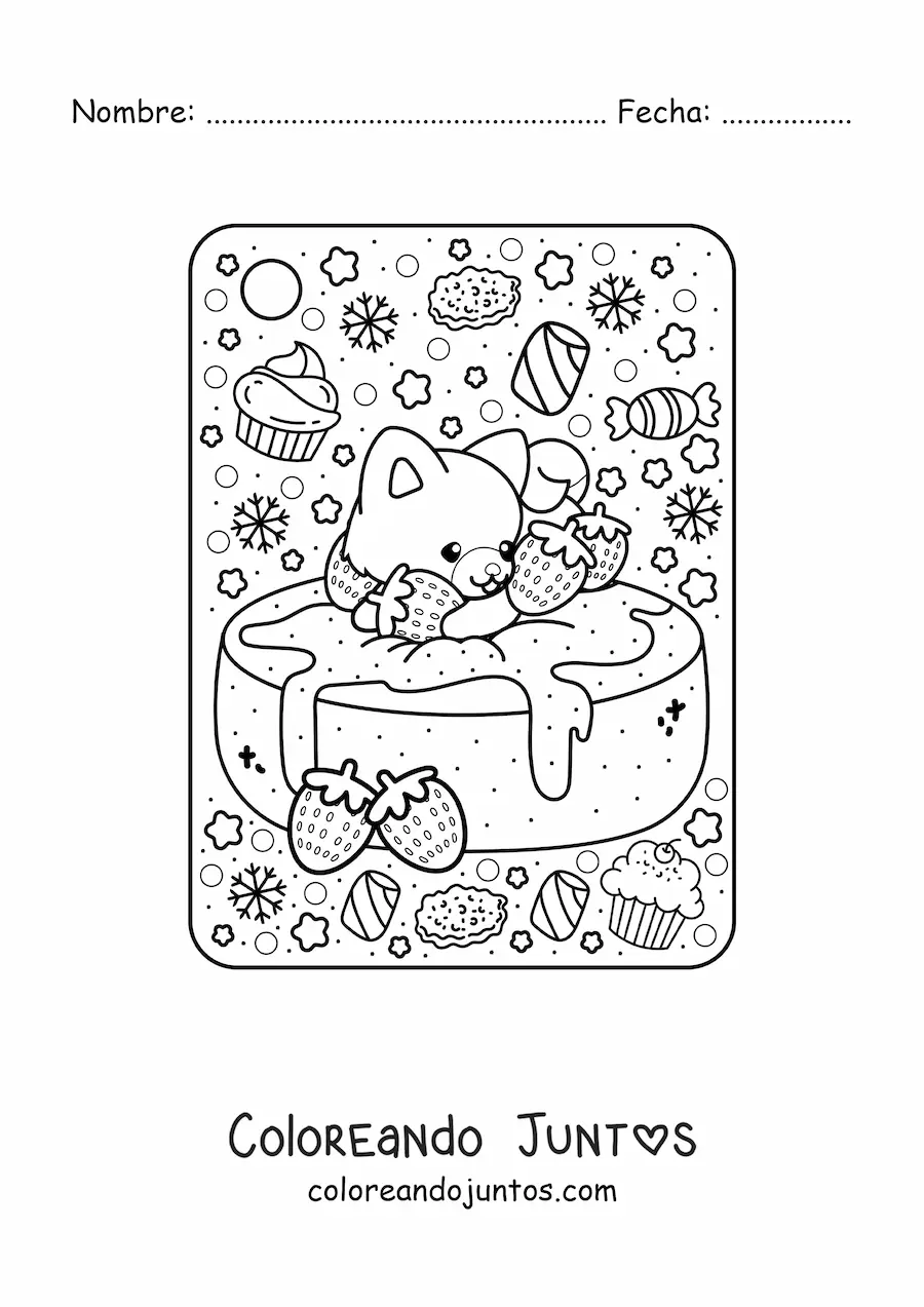 Imagen para colorear de pastel de fresas con perro kawaii