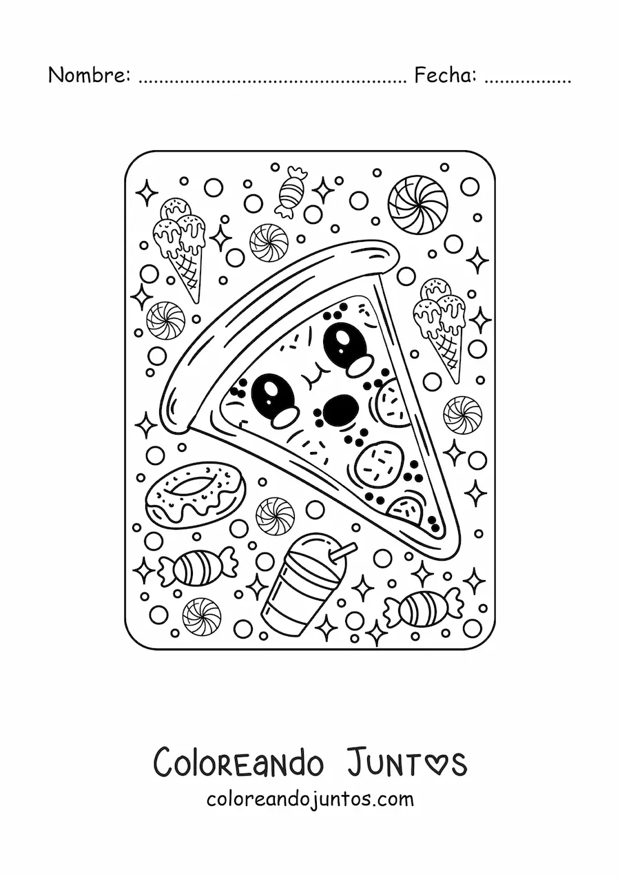 Imagen para colorear de rebanada de pizza kawaii