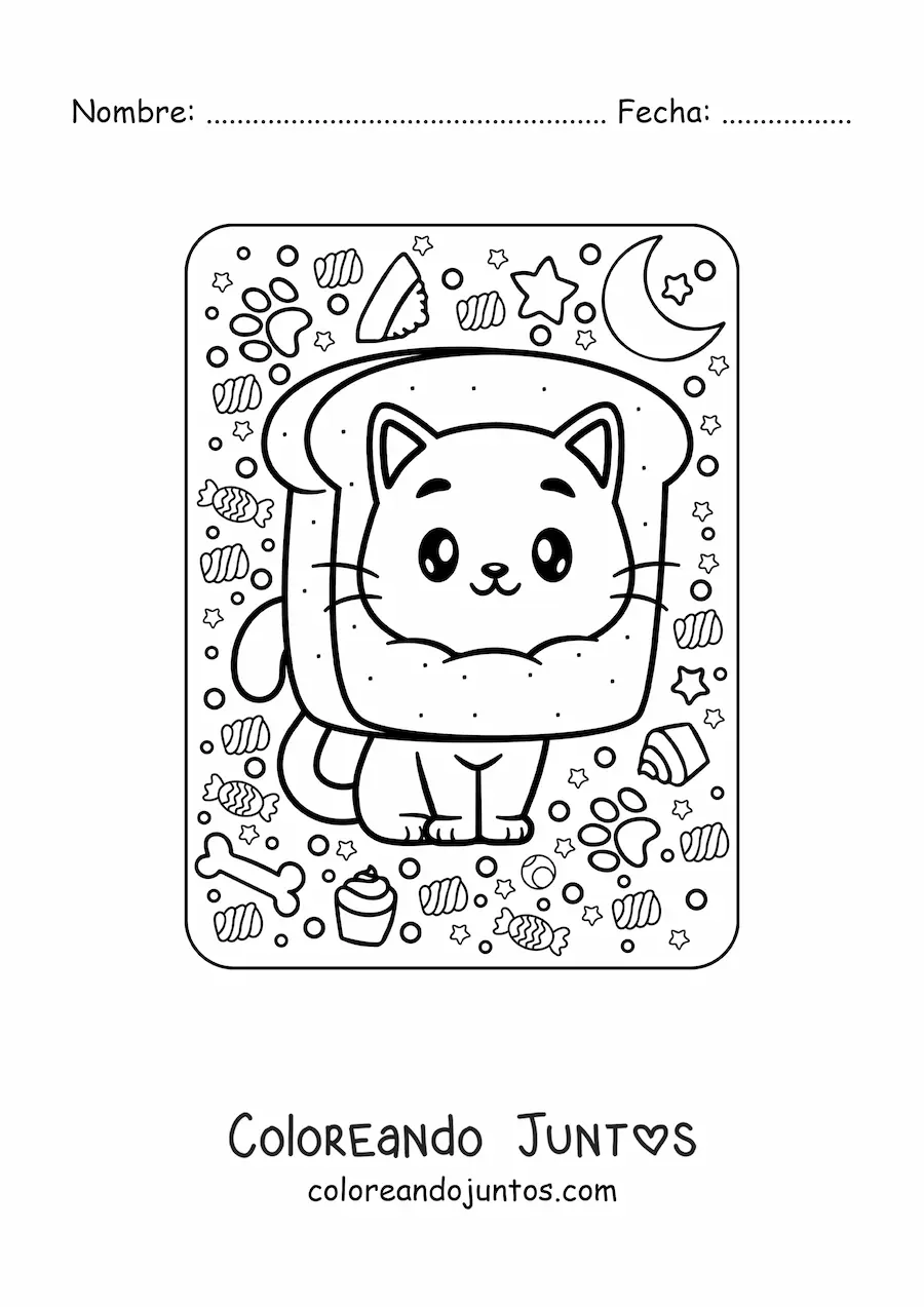 Imagen para colorear de gato con pan kawaii