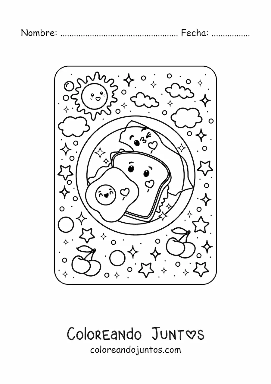 Imagen para colorear de desayuno de sándwich con huevo y tocino kawaii