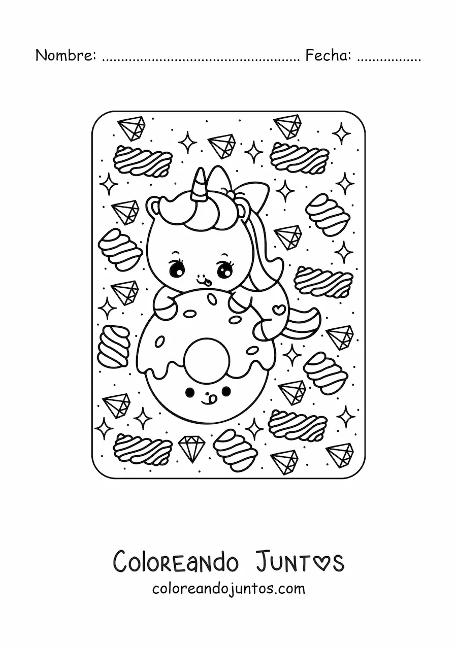Imagen para colorear de unicornio con dona kawaii