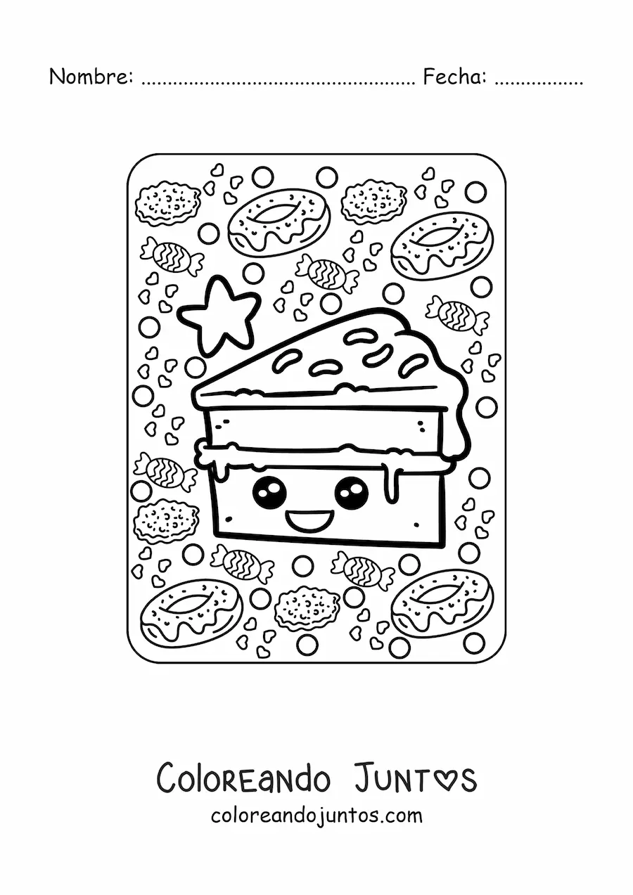 Imagen para colorear de rebanada de pastel kawaii grande