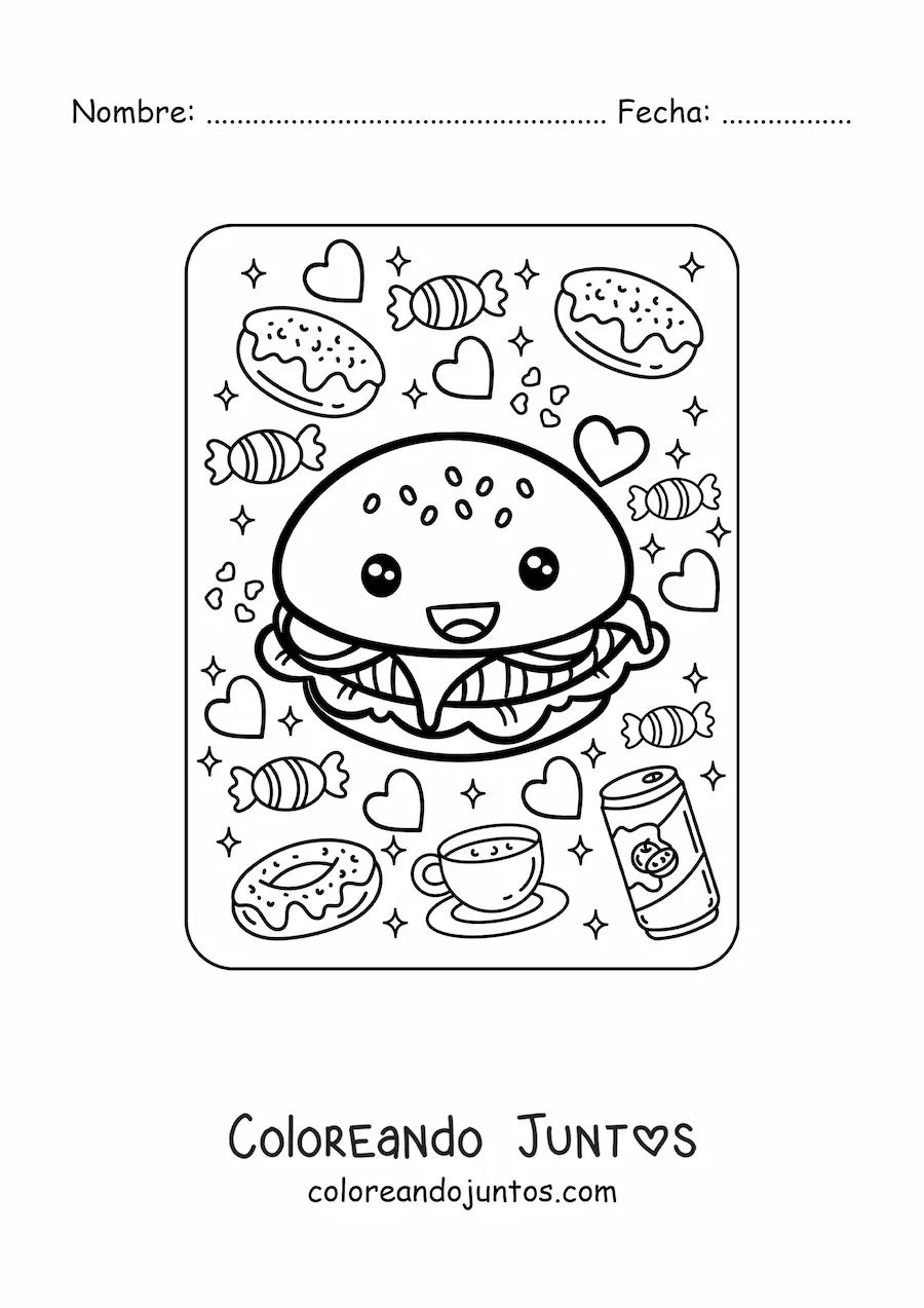 Imagen para colorear de hamburguesa kawaii grande