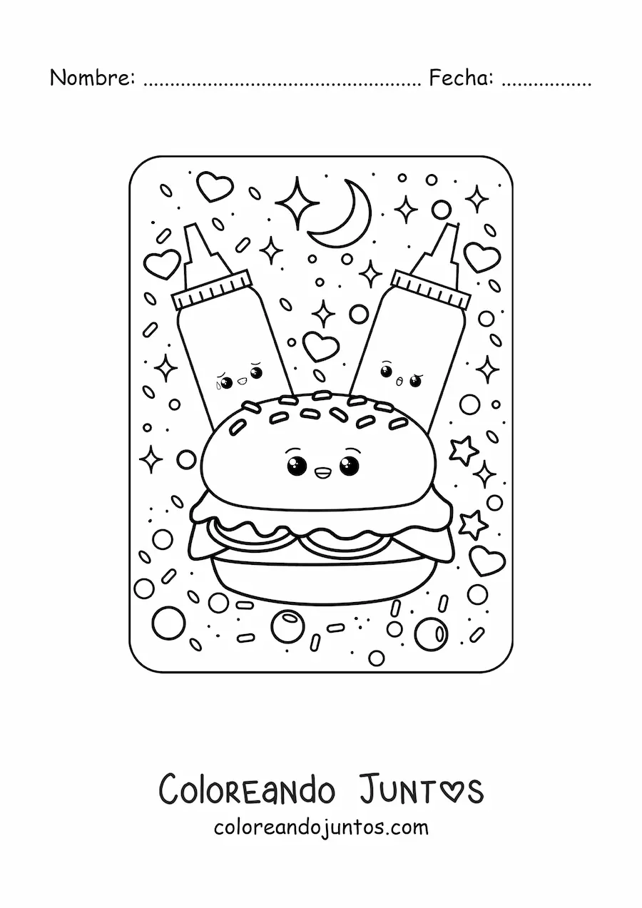Imagen para colorear de salsas y hamburguesa kawaii grande