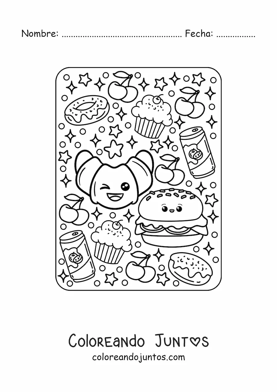 Imagen para colorear de croissant y hamburguesa kawaii grande