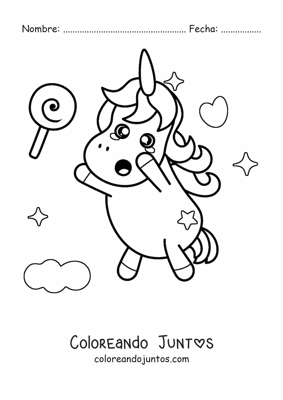 Imagen para colorear de unicornio kawaii fácil con paleta