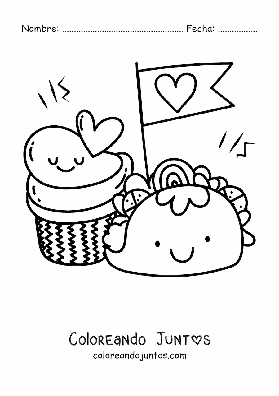 Imagen para colorear de taco kawaii con cupcake