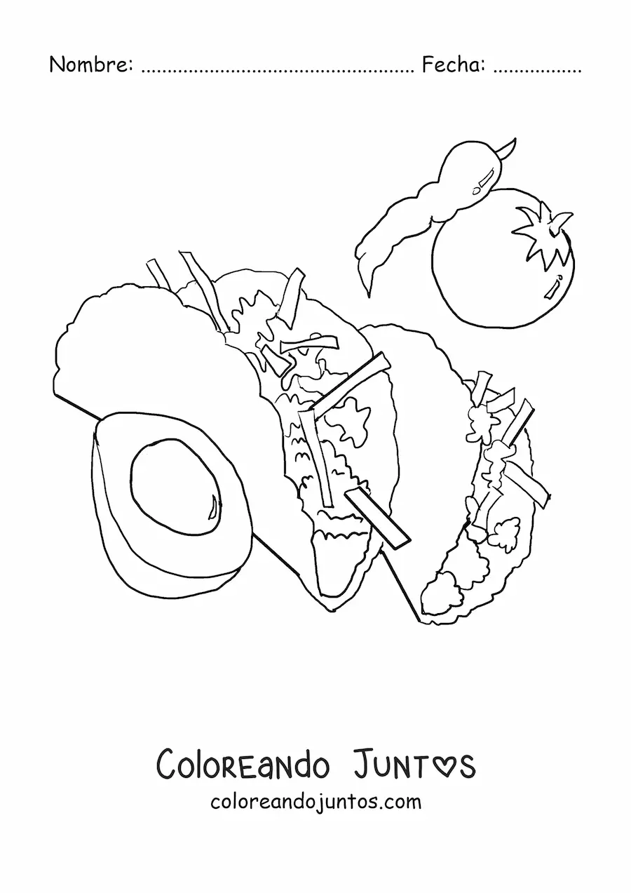 Imagen para colorear de dos tacos con sus ingredientes alrededor