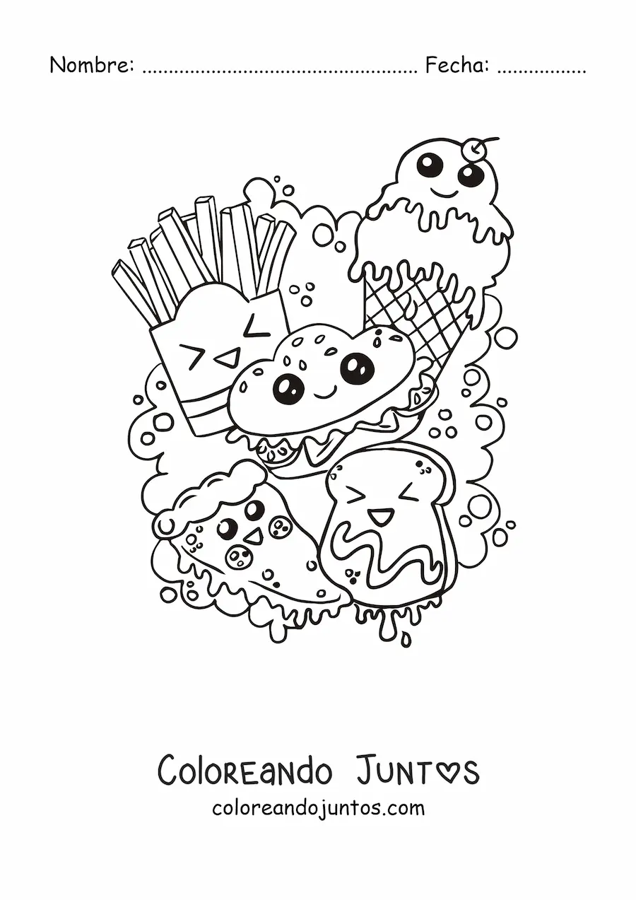 Imagen para colorear de comida chatarra y dulces kawaii