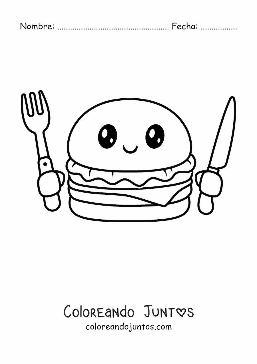 Imagen para colorear de hamburguesa kawaii con cubiertos