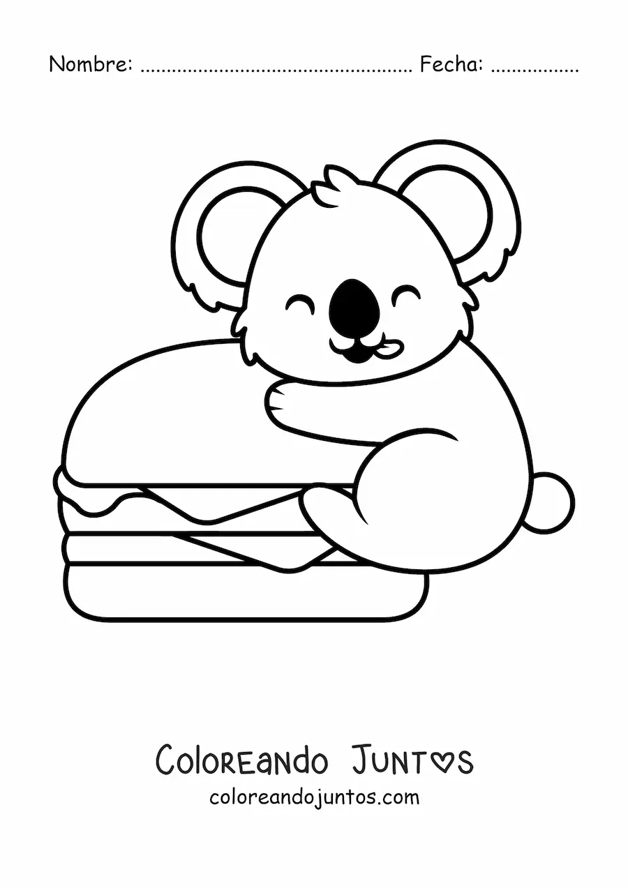 Imagen para colorear de koala kawaii con hamburguesa