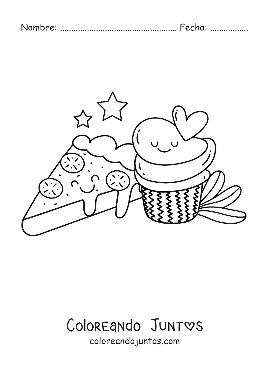 Imagen para colorear de pizza y cupcake kawaii