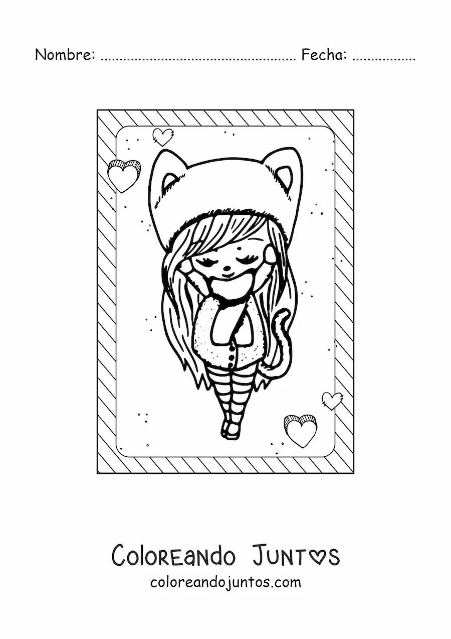 Imagen para colorear de muñeca kawaii con gorro de orejas de gato