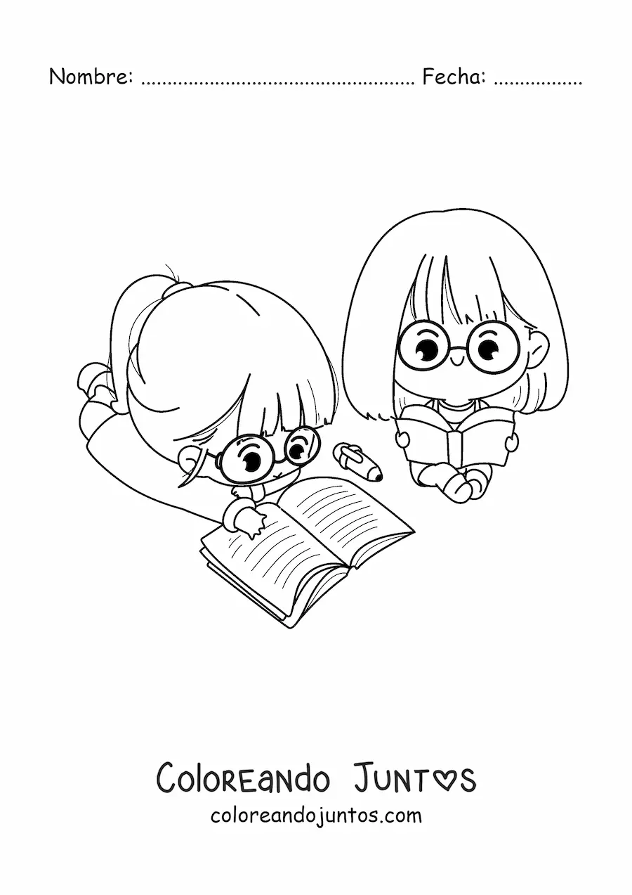 Imagen para colorear de niñas kawaii estudiando