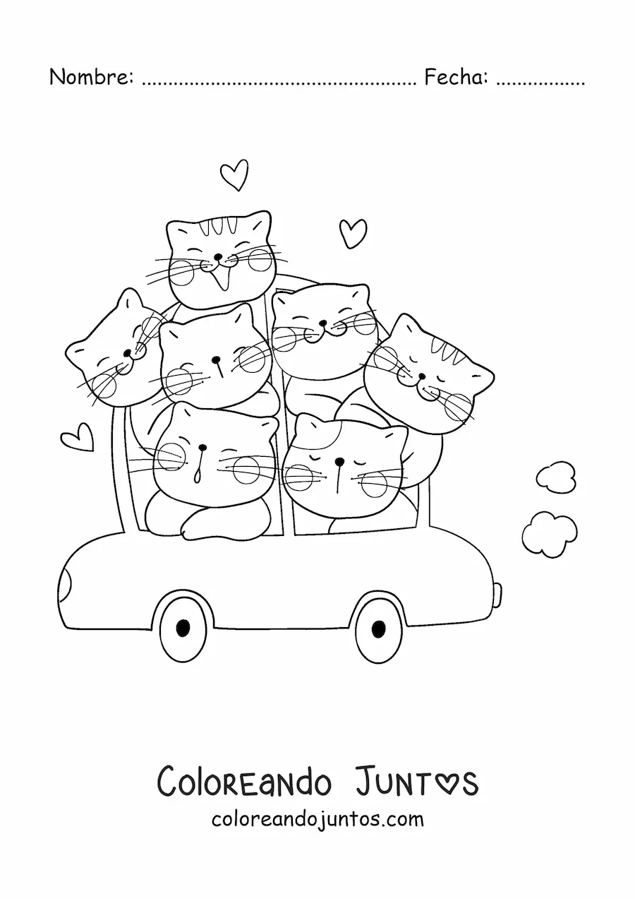 Imagen para colorear de gatos kawaii en un auto