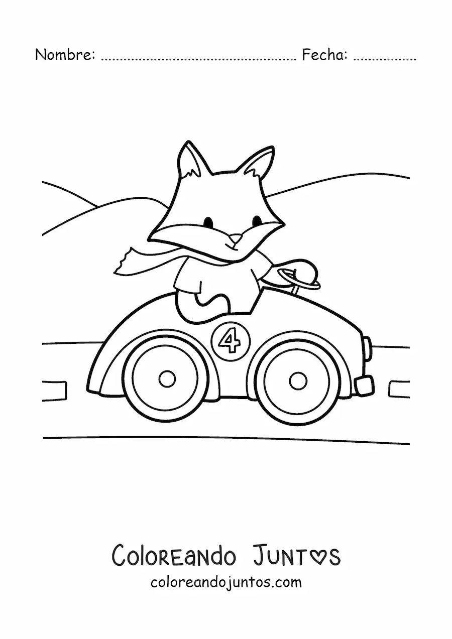 Imagen para colorear de zorro kawaii animado conduciendo un auto