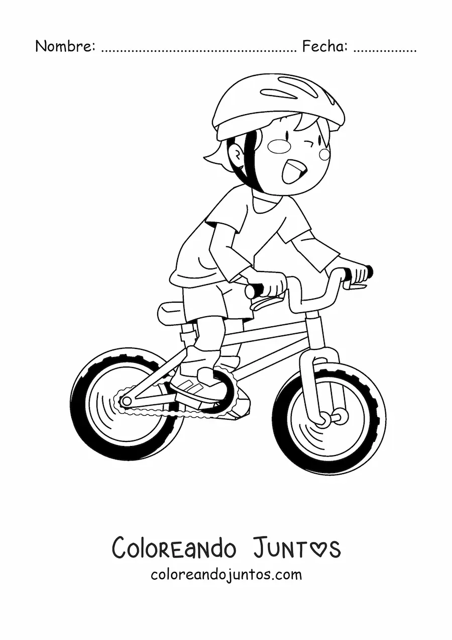 Imagen para colorear de niño kawaii en bicicleta