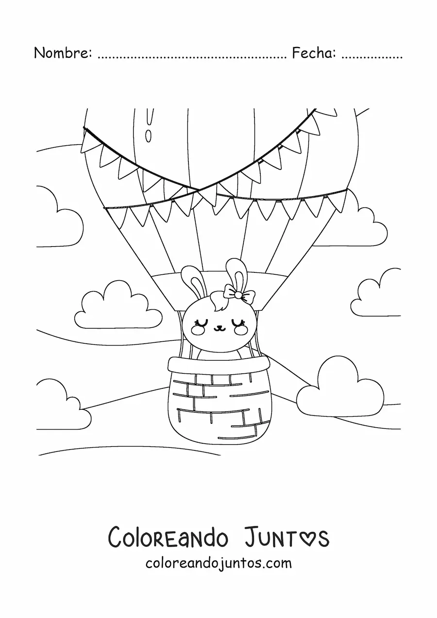Imagen para colorear de conejo animado kawaii en un globo aerostático