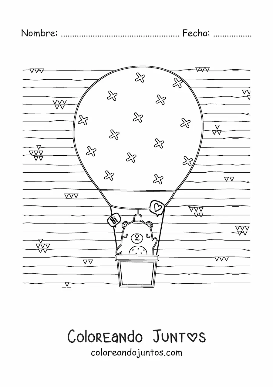 Imagen para colorear de oso animado kawaii en un globo aerostático