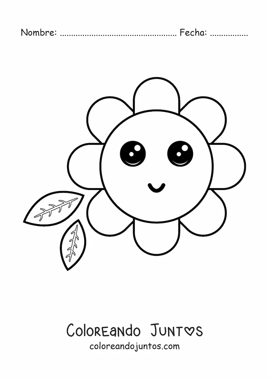 Imagen para colorear de flor kawaii grande con hojas