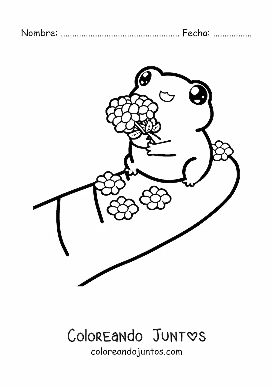 Imagen para colorear de rana kawaii con flores