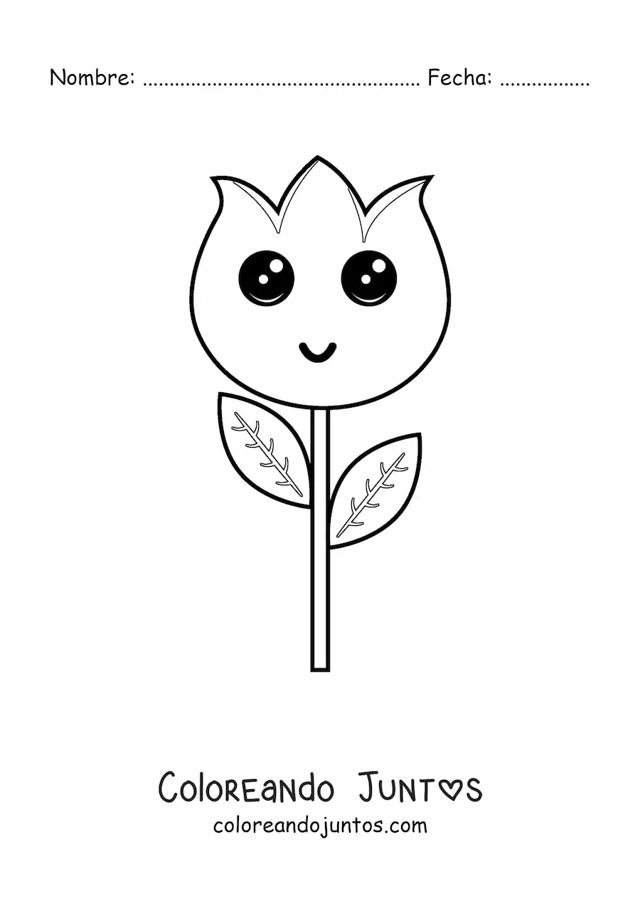 Imagen para colorear de tulipán kawaii grande con hojas