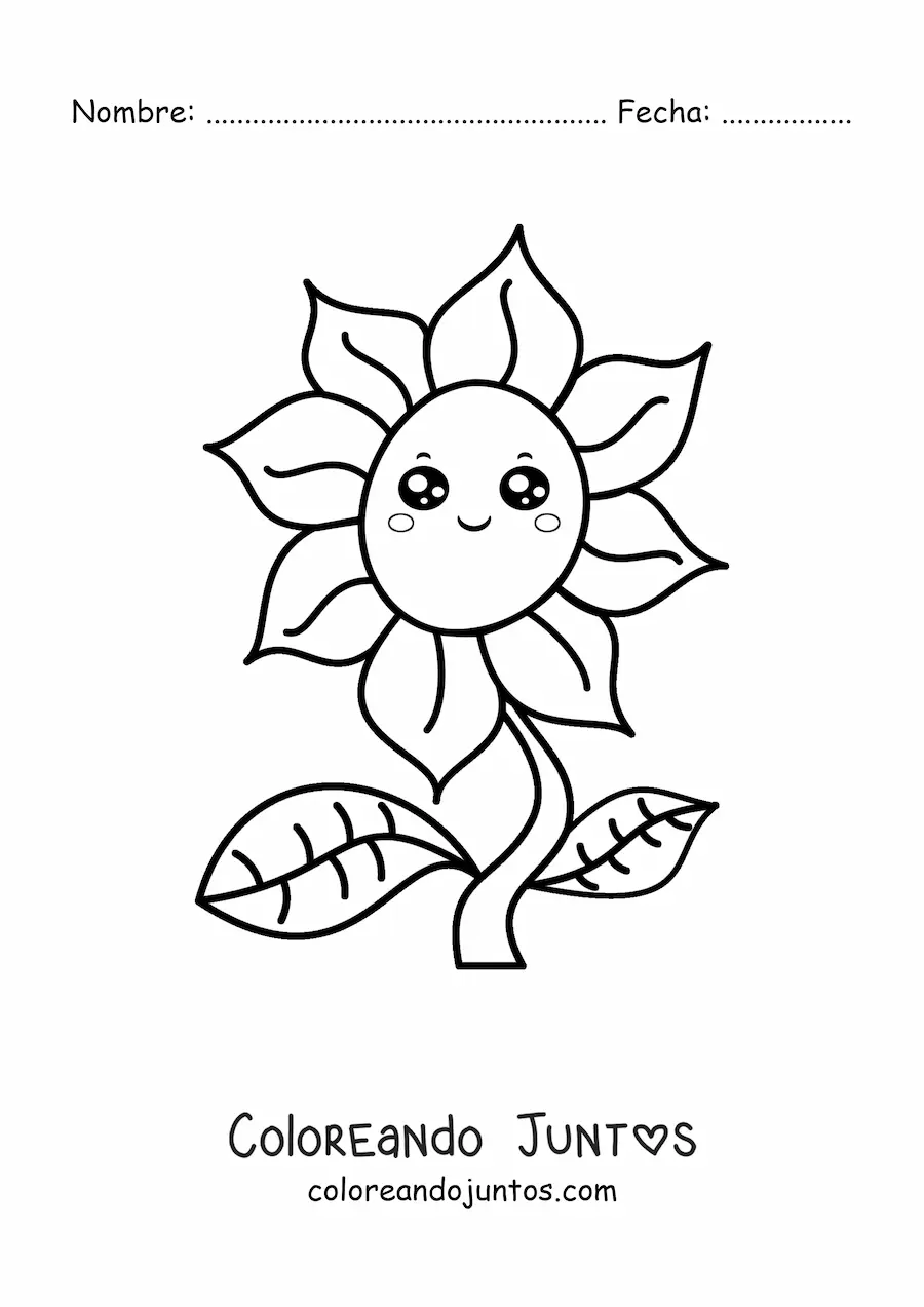 Imagen para colorear de flor animada kawaii grande con hojas