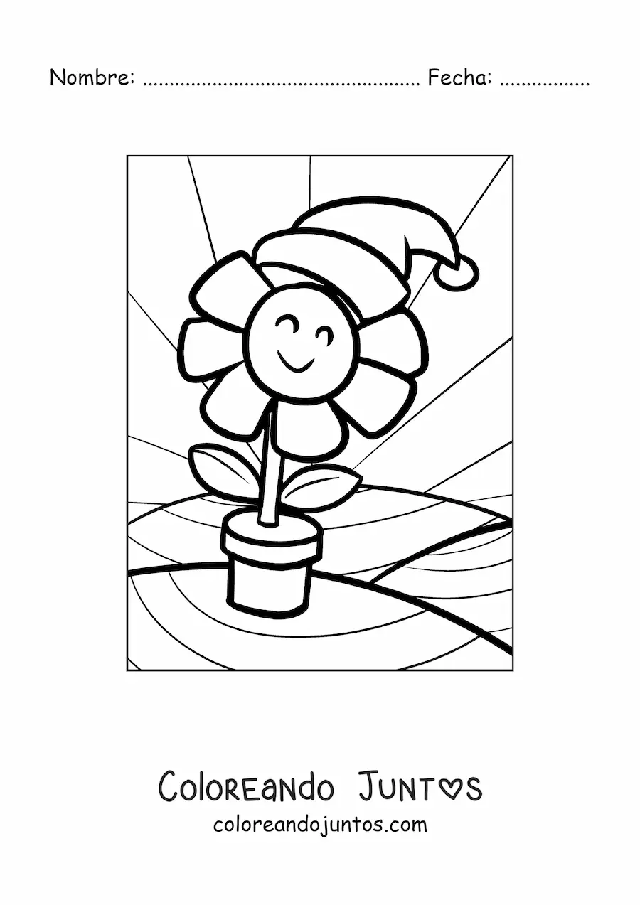 Imagen para colorear de flor animada con gorro de Navidad