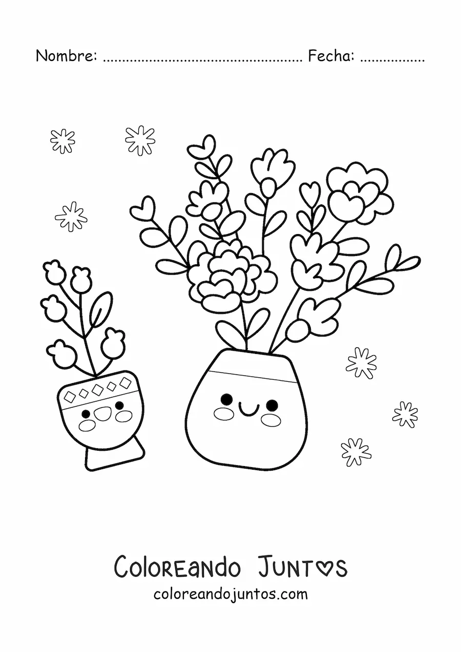 Imagen para colorear de macetas con flores kawaii bonitas