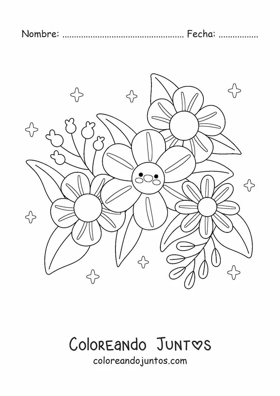 Imagen para colorear de flores kawaii grandes con hojas