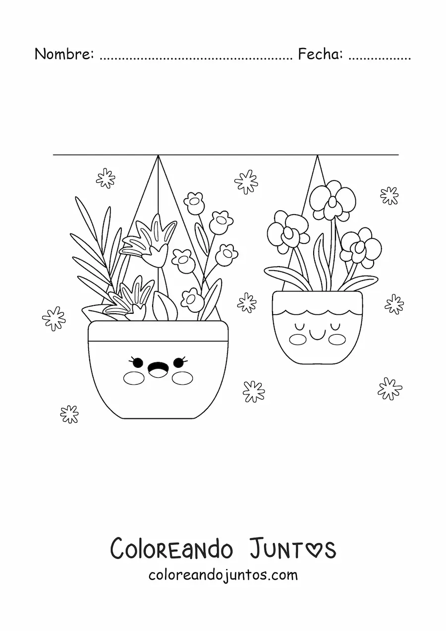 Imagen para colorear de macetas colgantes con flores kawaii
