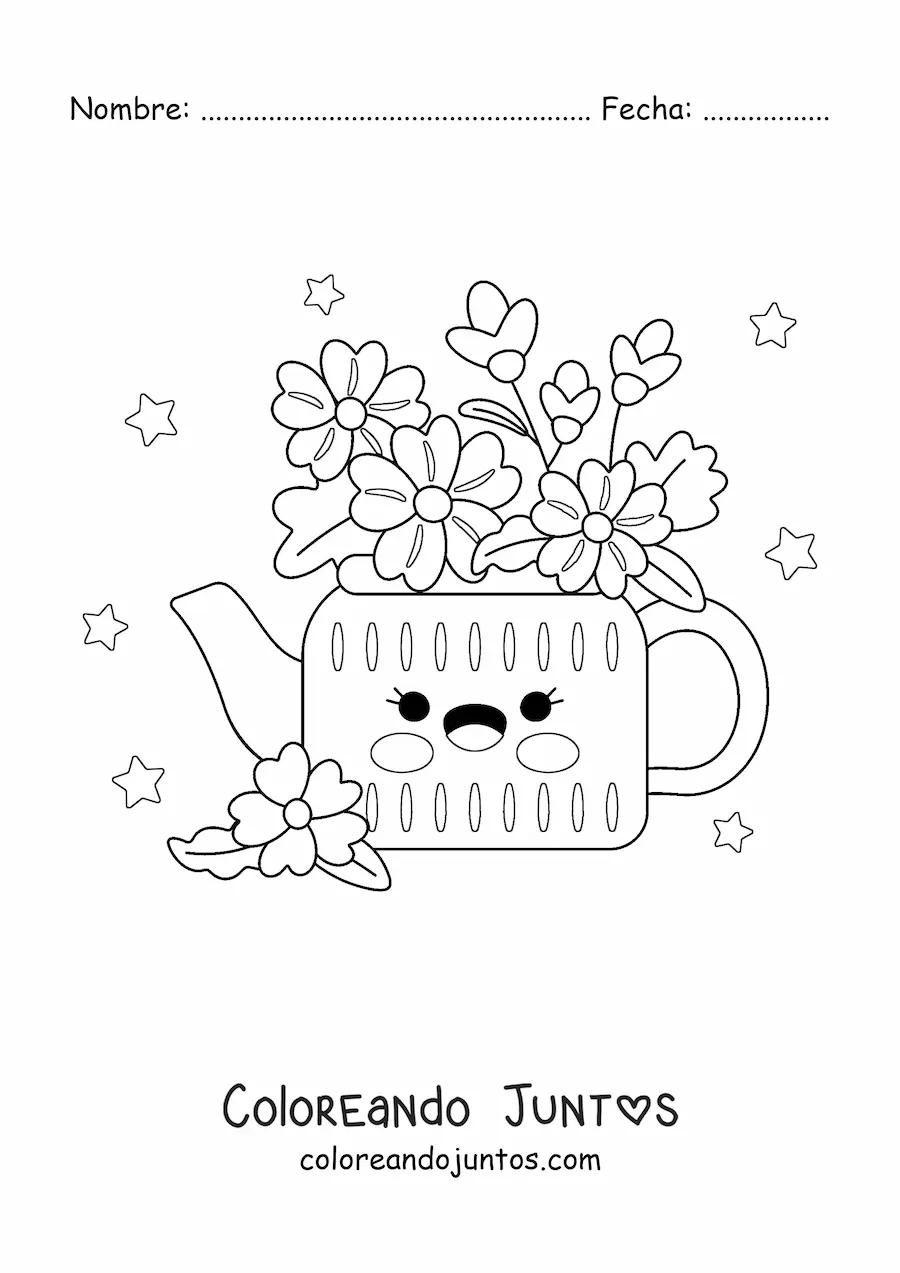 Imagen para colorear de jarrón con flores kawaii con estrellas