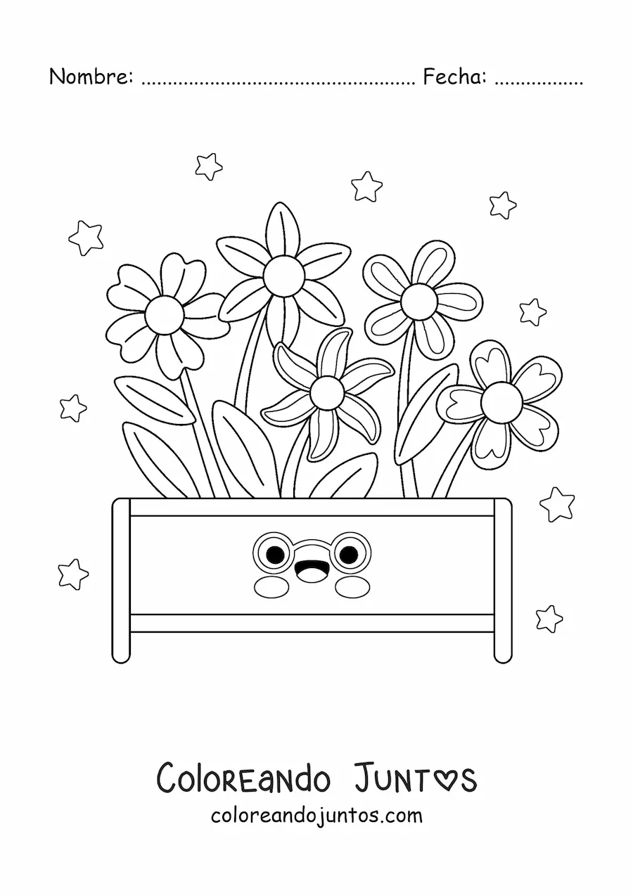 Imagen para colorear de flores grandes sembradas en maceta kawaii