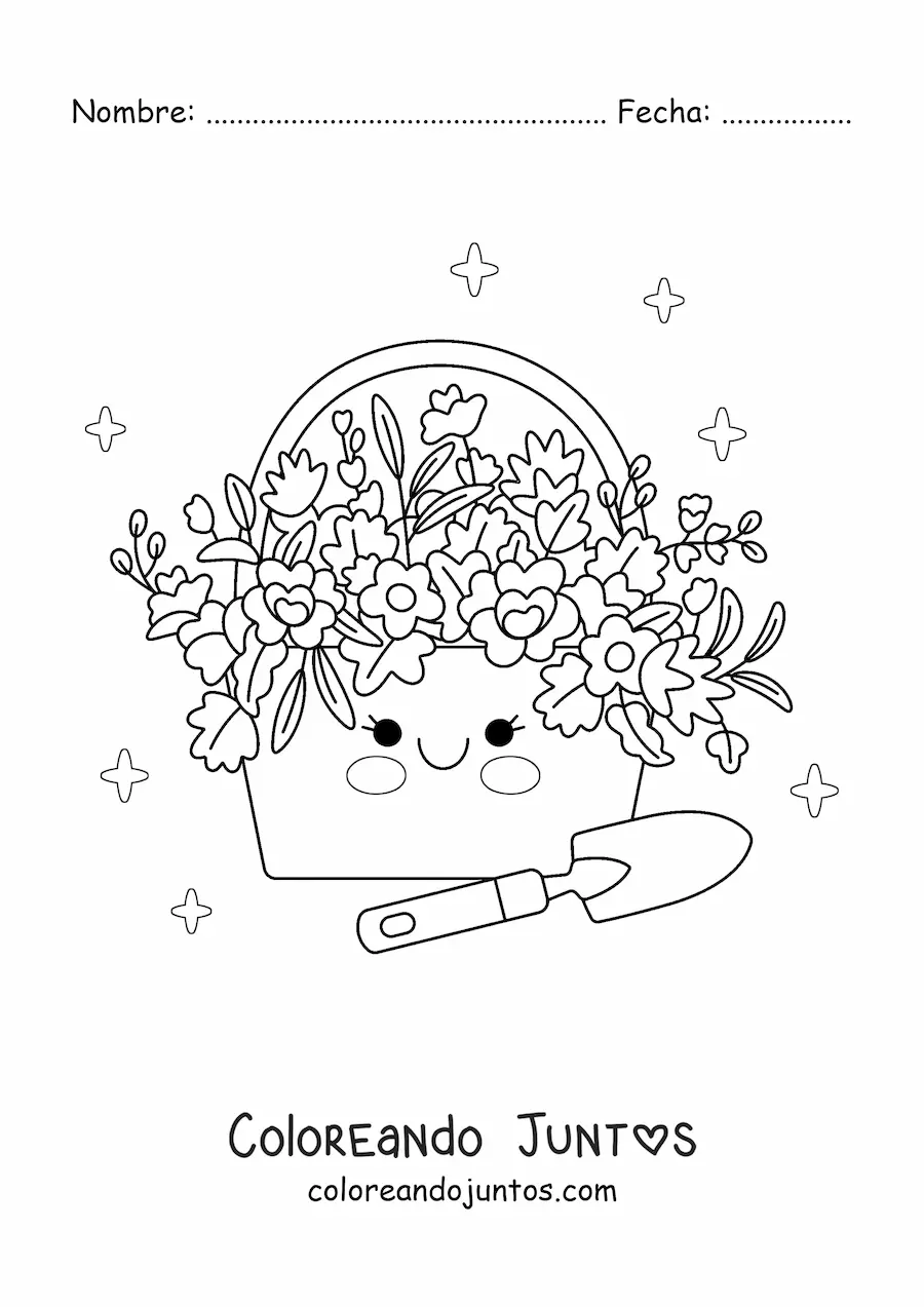 Imagen para colorear de cesta con flores kawaii junto a pala de jardinería