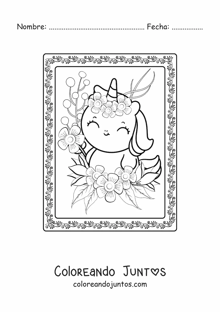 Imagen para colorear de unicornio kawaii grande con flores