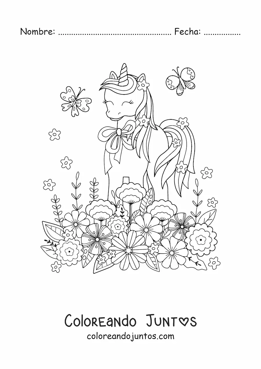 Imagen para colorear de unicornio kawaii con flores y mariposas