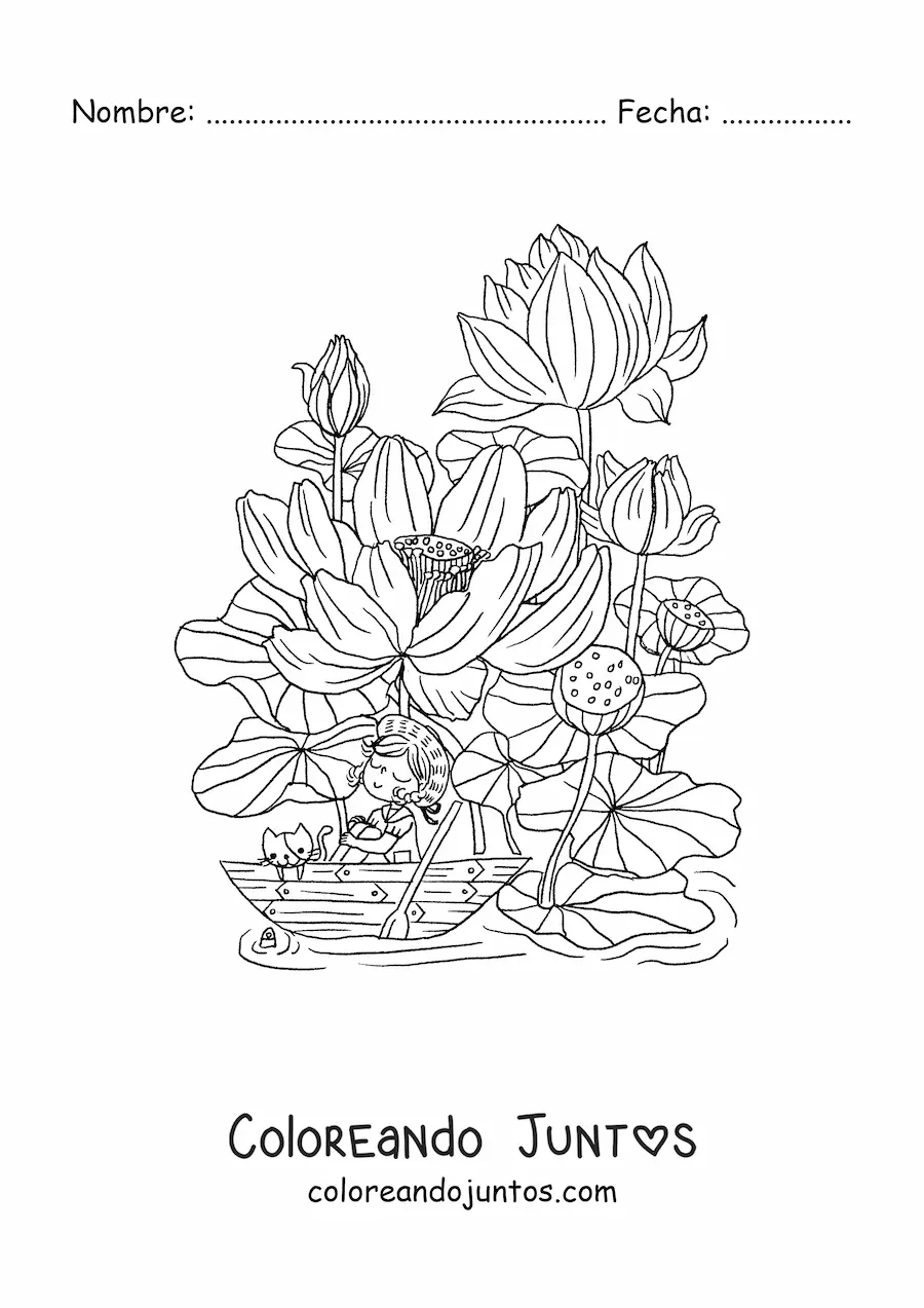 Imagen para colorear de flor de loto con niña kawaii